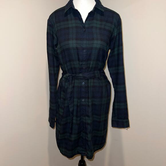 Abercrombie & Fitch Belted Plaid Flannel Shirt Dress Blue Green Size ST - Picture 2 of 9